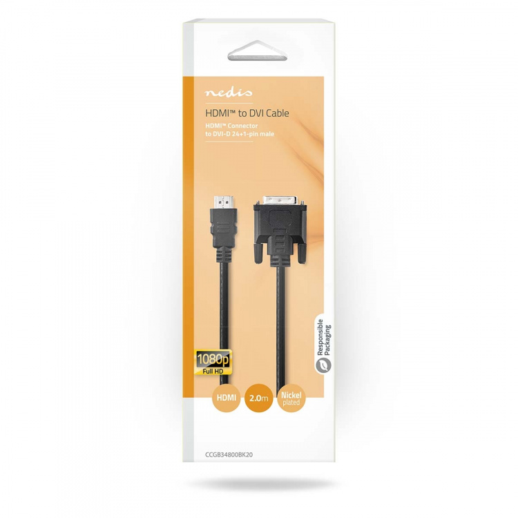 Nedis HDMI™ Cable | HDMI™ Connector | DVI-D 24+1-Pin Male | 1080p | Nickel Plated | 2.00 m | Straight | PVC | Black | Box