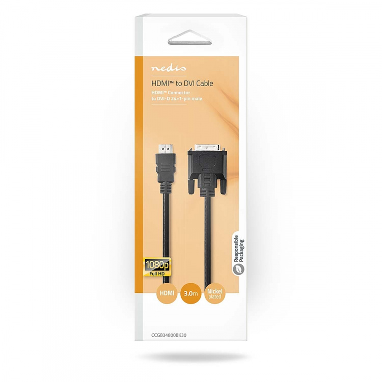 Nedis HDMI™ Cable | HDMI™ Connector | DVI-D 24+1-Pin Male | 1080p | Nickel Plated | 3.00 m | Straight | PVC | Black | Box Nedis HDMI™ Cable | HDMI™ Connector | DVI-D 24+1-Pin Male | 1080p | Nickel Plated | 3.00 m | Straight | PVC | Black | Box