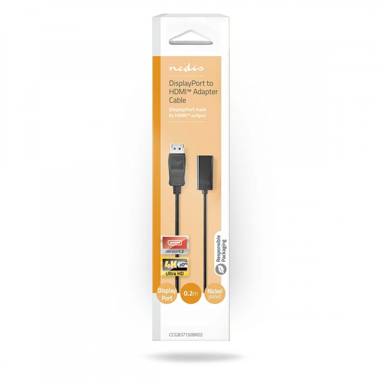 Nedis DisplayPort Cable | DisplayPort Male | HDMI™ Output | 4K@30Hz | Nickel Plated | 0.20 m | Round | PVC | Black | Box Nedis DisplayPort Cable | DisplayPort Male | HDMI™ Output | 4K@30Hz | Nickel Plated | 0.20 m | Round | PVC | Black | Box