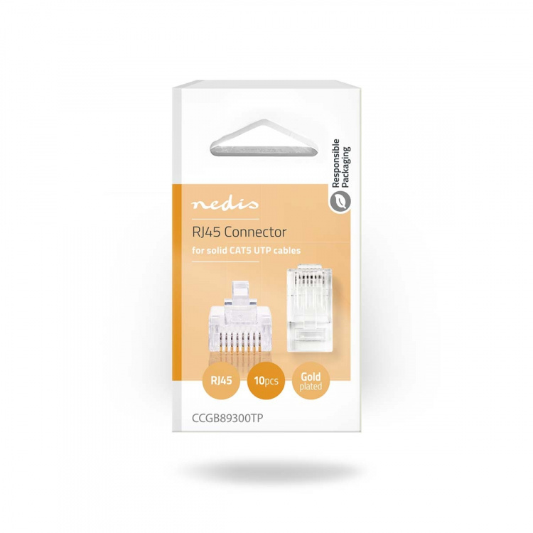 Nedis RJ45 Connector | Male | Solid UTP CAT5e | Straight | Gold Plated | 10 pcs | Polycarbonate | Transparent | Box Nedis RJ45 Connector | Male | Solid UTP CAT5e | Straight | Gold Plated | 10 pcs | Polycarbonate | Transparent | Box
