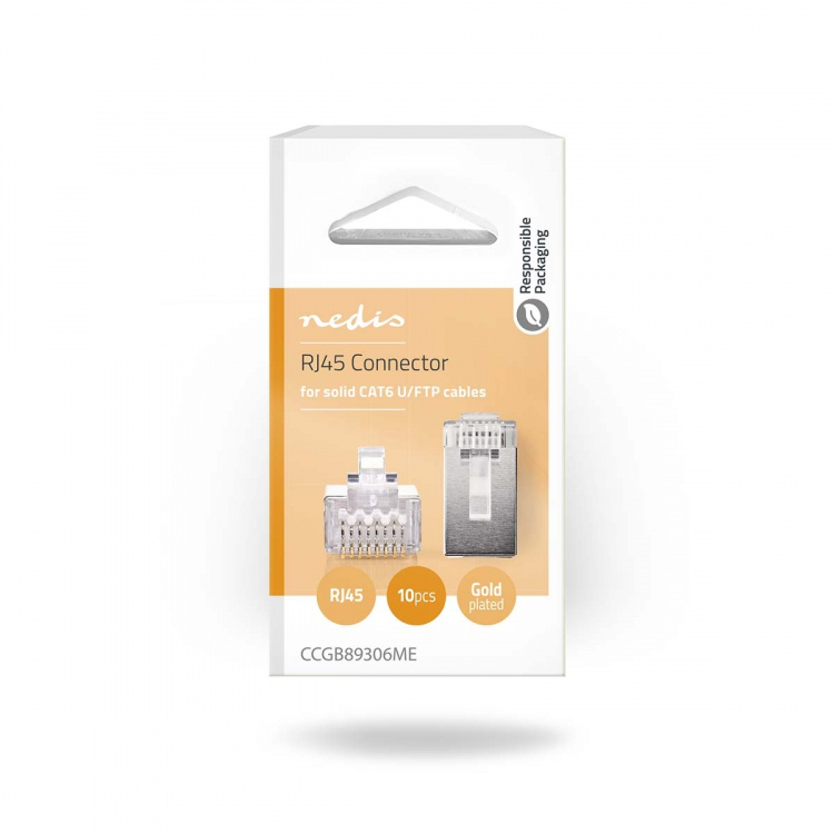 Nedis RJ45 Connector | Male | Solid STP CAT6 | Straight | Gold Plated | 10 pcs | Polycarbonate | Transparent | Box Nedis RJ45 Connector | Male | Solid STP CAT6 | Straight | Gold Plated | 10 pcs | Polycarbonate | Transparent | Box