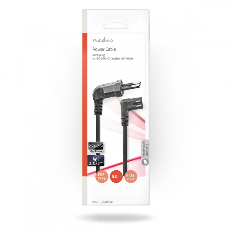 Nedis Power Cable | Euro Male | IEC-320-C7 | Angled | Angled Left | Nickel Plated | 5.00 m | Flat | PVC | Black | Envelope