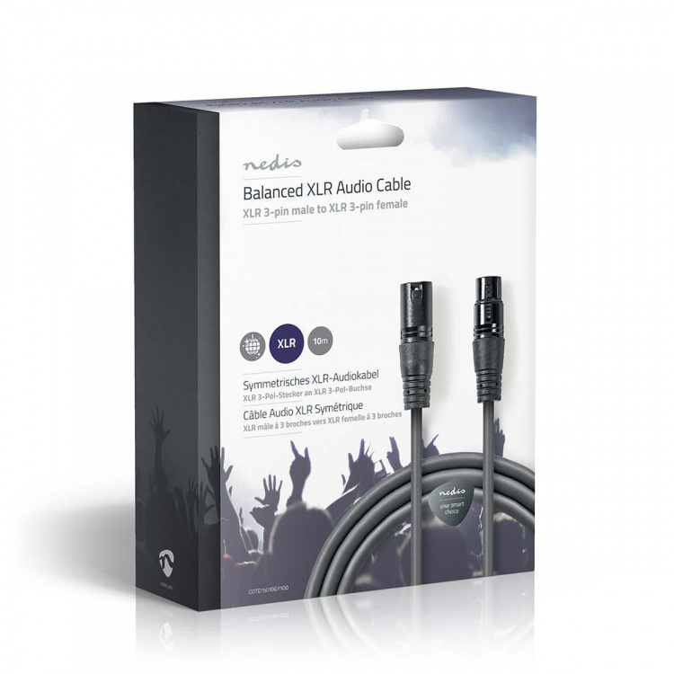 Nedis Balanced Audio Cable | XLR 3-Pin Male | XLR 3-Pin Female | Nickel Plated | 10.0 m | Round | PVC | Dark Grey | Gift Box