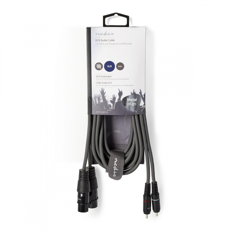 Nedis Balanced Audio Cable | 2x XLR 3-Pin Female | 2x RCA Male | Nickel Plated | 3.00 m | Round | PVC | Dark Grey | Carton Sleeve