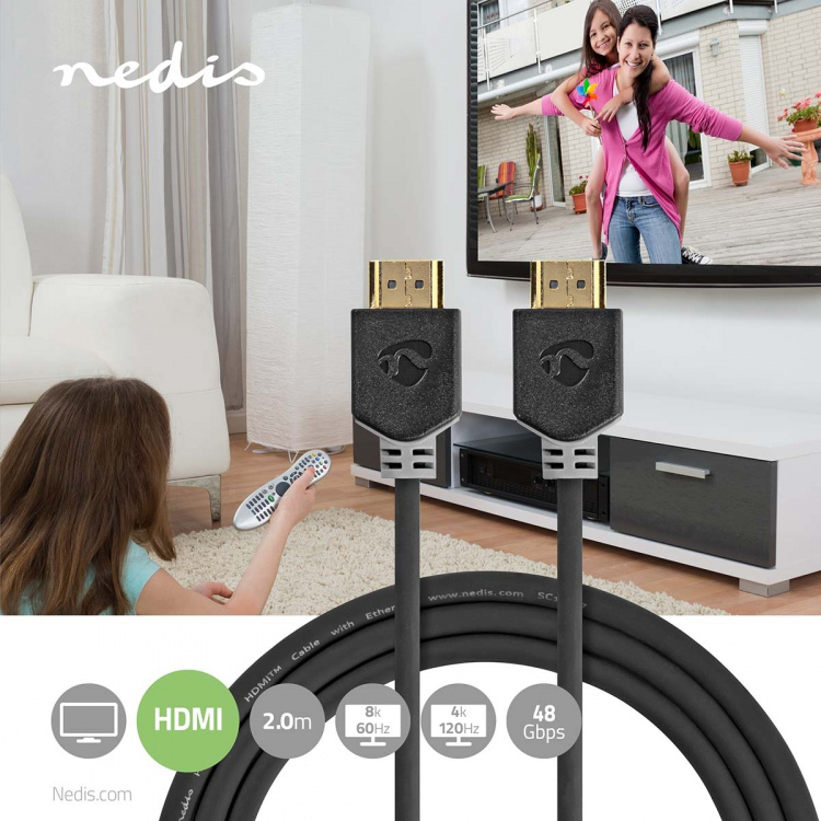Nedis Ultra High Speed HDMI™ Cable | HDMI™ Connector | HDMI™ Connector | 8K@60Hz | 48 Gbps | 2.00 m | Round | 6.5 mm | Anthracite | Box Nedis Ultra High Speed HDMI™ Cable | HDMI™ Connector | HDMI™ Connector | 8K@60Hz | 48 Gbps | 2.00 m | Round | 6.5 mm | Anthracite | Box