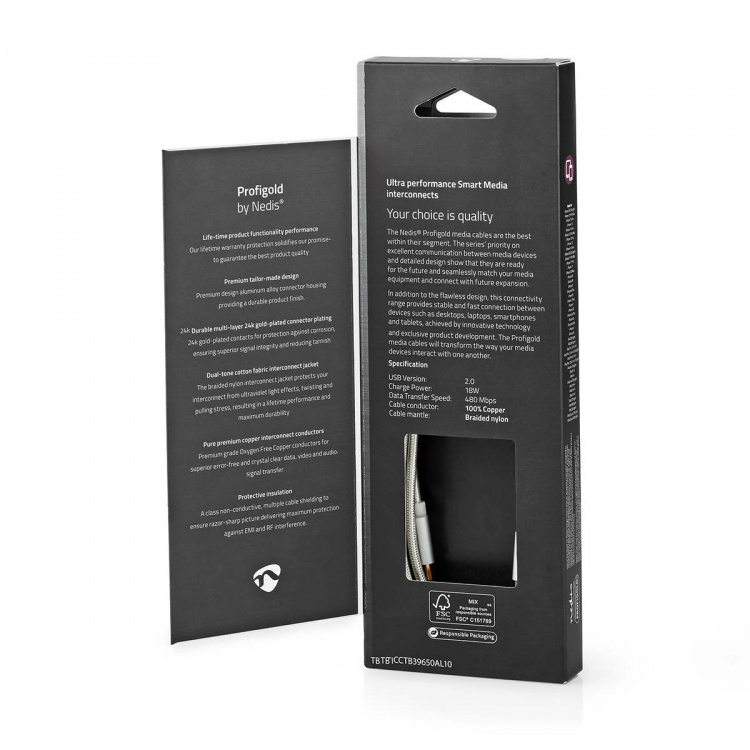 Nedis Lightning Cable | USB 2.0 | Apple Lightning 8-Pin | USB-C™ Male | 480 Mbps | Gold Plated | 1.00 m | Round | Braided / Nylon | Aluminium / Silver | Cover Window Box Nedis Lightning Cable | USB 2.0 | Apple Lightning 8-Pin | USB-C™ Male | 480 Mbps | Gold Plated | 1.00 m | Round | Braided / Nylon | Aluminium / Silver | Cover Window Box