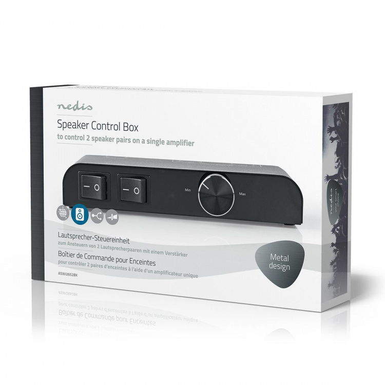 Nedis Speaker Control Switchbox | 2 port(s) | Banana | Speaker impedance: 4-16 Ohm | Maximum load per channel: 60 W | Volume control | Aluminium | Black