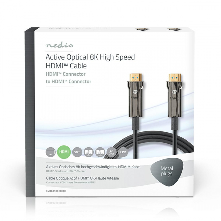 Nedis Active Optical Ultra High Speed HDMI™ Cable with Ethernet | HDMI™ Connector | HDMI™ Connector | 8K@60Hz | 48 Gbps | 50.0 m | Round | PVC | Black | Gift Box Nedis Active Optical Ultra High Speed HDMI™ Cable with Ethernet | HDMI™ Connector | HDMI™ Connector | 8K@60Hz | 48 Gbps | 50.0 m | Round | PVC | Black | Gift Box