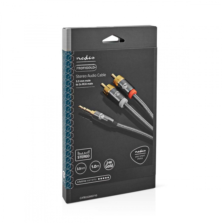 Nedis Stereo Audio Cable | 3.5 mm Male | 2x RCA Male | Gold Plated | 1.00 m | Round | Grey / Gun Metal Grey | Cover Window Box Nedis Stereo Audio Cable | 3.5 mm Male | 2x RCA Male | Gold Plated | 1.00 m | Round | Grey / Gun Metal Grey | Cover Window Box