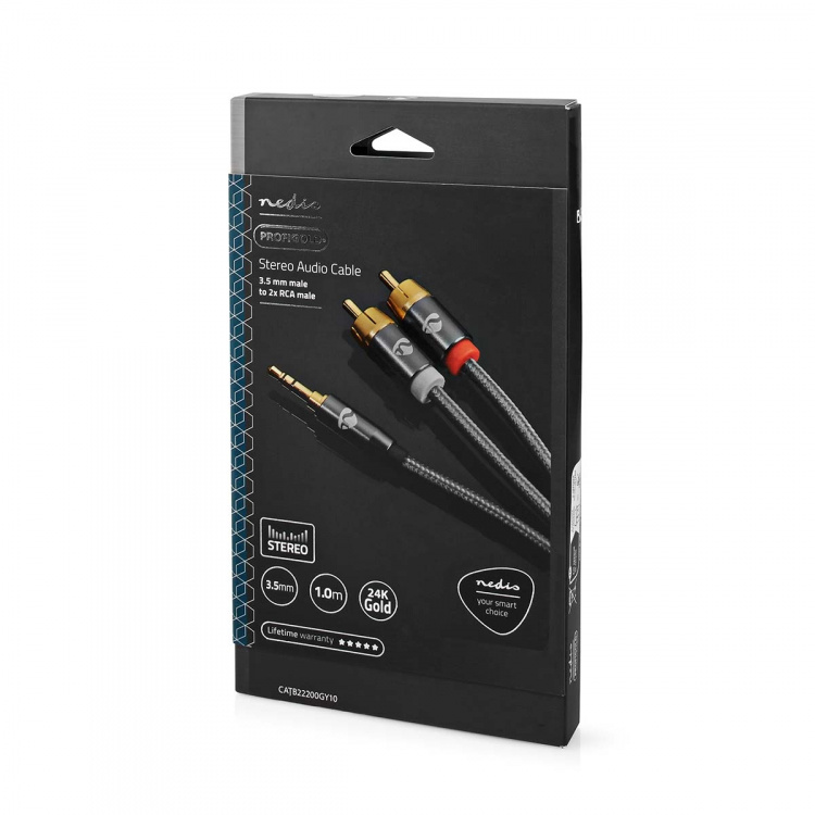 Nedis Stereo Audio Cable | 3.5 mm Male | 2x RCA Male | Gold Plated | 1.00 m | Round | Grey / Gun Metal Grey | Cover Window Box Nedis Stereo Audio Cable | 3.5 mm Male | 2x RCA Male | Gold Plated | 1.00 m | Round | Grey / Gun Metal Grey | Cover Window Box
