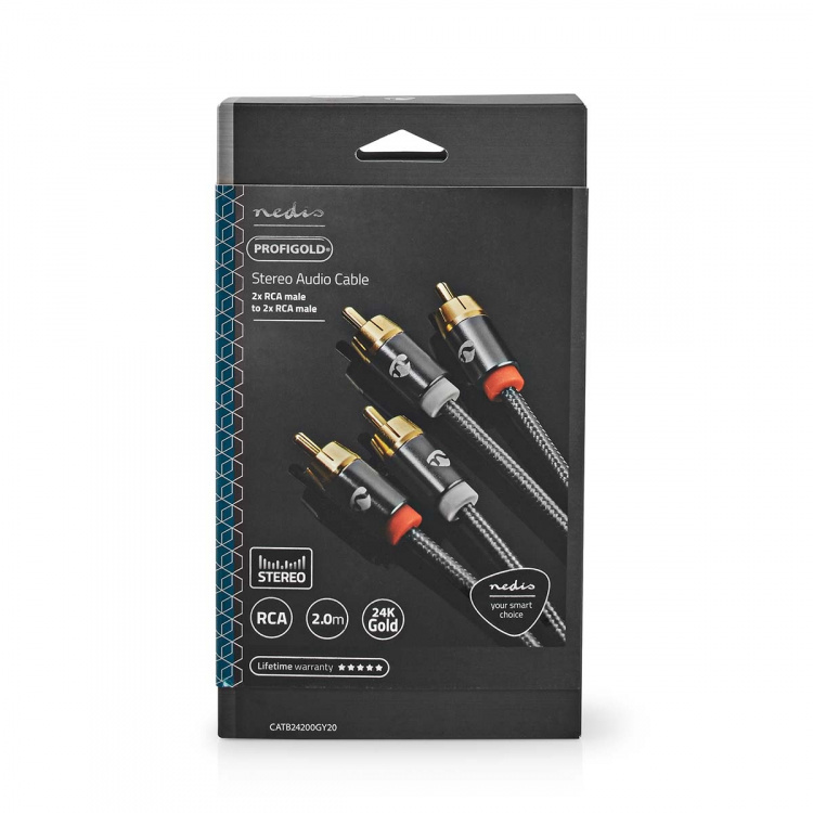 Nedis Stereo Audio Cable | 2x RCA Male | 2x RCA Male | Gold Plated | 2.00 m | Round | Grey / Gun Metal Grey | Cover Window Box Nedis Stereo Audio Cable | 2x RCA Male | 2x RCA Male | Gold Plated | 2.00 m | Round | Grey / Gun Metal Grey | Cover Window Box
