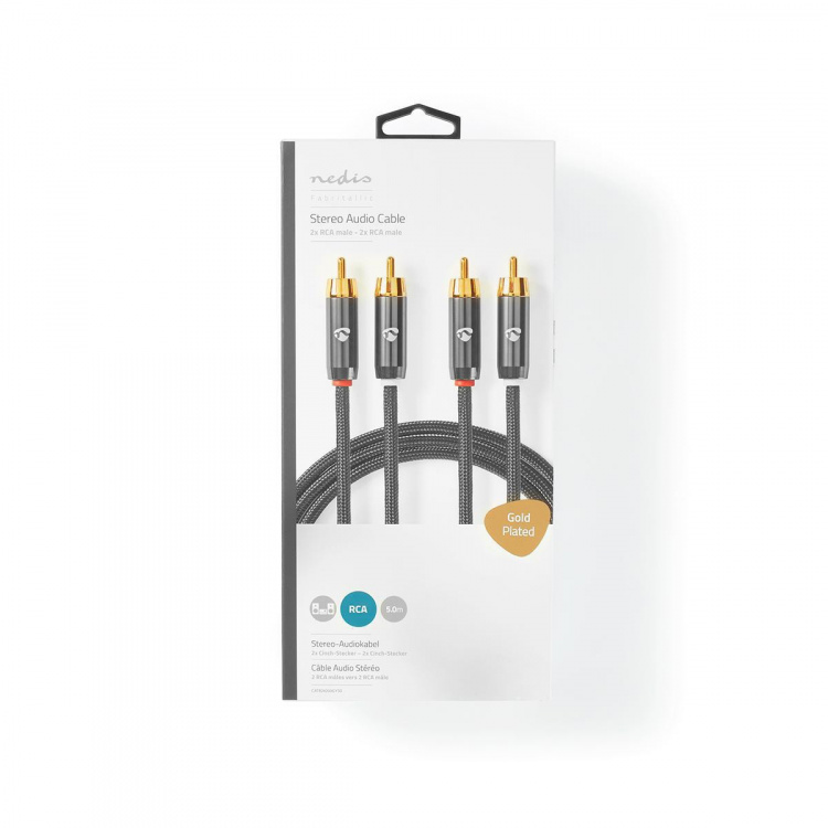 Nedis Stereo Audio Cable | 2x RCA Male | 2x RCA Male | Gold Plated | 5.00 m | Round | Grey / Gun Metal Grey | Cover Window Box Nedis Stereo Audio Cable | 2x RCA Male | 2x RCA Male | Gold Plated | 5.00 m | Round | Grey / Gun Metal Grey | Cover Window Box