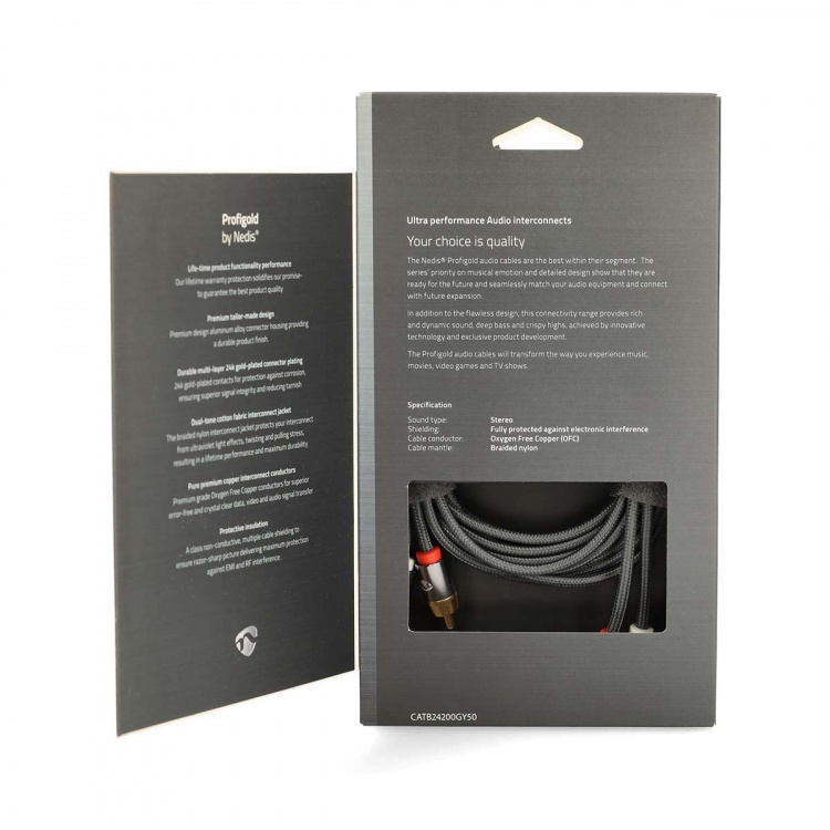 Nedis Stereo Audio Cable | 2x RCA Male | 2x RCA Male | Gold Plated | 5.00 m | Round | Grey / Gun Metal Grey | Cover Window Box Nedis Stereo Audio Cable | 2x RCA Male | 2x RCA Male | Gold Plated | 5.00 m | Round | Grey / Gun Metal Grey | Cover Window Box