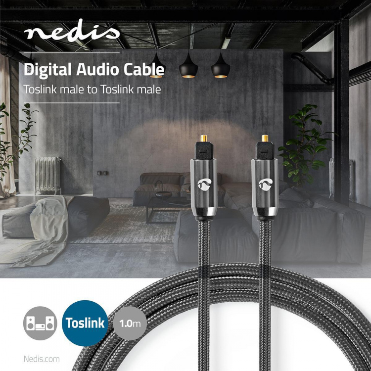 Nedis Optical Audio Cable | TosLink Male | TosLink Male | 1.00 m | Round | Cotton | Gun Metal Grey | Cover Window Box Nedis Optical Audio Cable | TosLink Male | TosLink Male | 1.00 m | Round | Cotton | Gun Metal Grey | Cover Window Box
