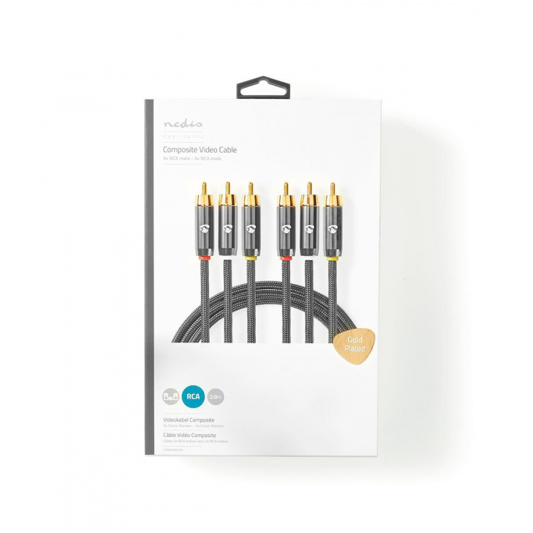 Nedis Composite Video Cable | 3x RCA Male | 3x RCA Male | Gold Plated | 480p | 2.00 m | Round | Cotton | Anthracite / Gun Metal Grey | Cover Window Box