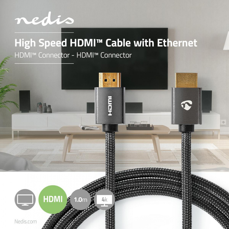 Nedis High Speed HDMI™ Cable with Ethernet | HDMI™ Connector | HDMI™ Connector | 4K@60Hz | ARC | 18 Gbps | 1.00 m | Round | Cotton | Gun Metal Grey | Cover Window Box Nedis High Speed HDMI™ Cable with Ethernet | HDMI™ Connector | HDMI™ Connector | 4K@60Hz | ARC | 18 Gbps | 1.00 m | Round | Cotton | Gun Metal Grey | Cover Window Box