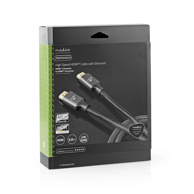 Nedis High Speed HDMI™ Cable with Ethernet | HDMI™ Connector | HDMI™ Connector | 4K@60Hz | ARC | 18 Gbps | 5.00 m | Round | Cotton | Gun Metal Grey | Cover Window Box Nedis High Speed HDMI™ Cable with Ethernet | HDMI™ Connector | HDMI™ Connector | 4K@60Hz | ARC | 18 Gbps | 5.00 m | Round | Cotton | Gun Metal Grey | Cover Window Box