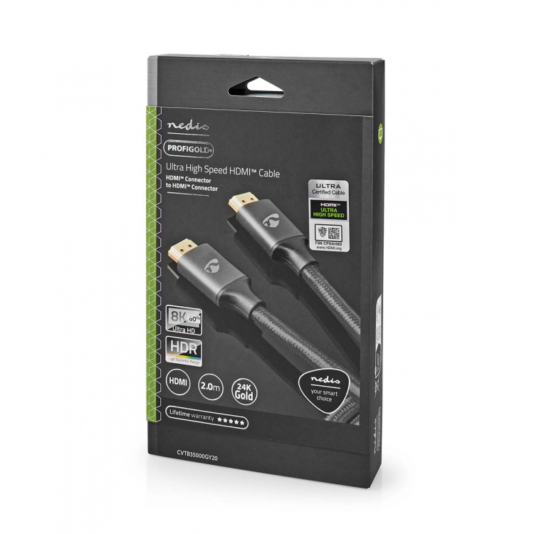 Nedis Ultra High Speed HDMI™ Cable | HDMI™ Connector | HDMI™ Connector | 8K@60Hz | 48 Gbps | 2.00 m | Round | 6.3 mm | Gun Metal Grey | Cover Window Box Nedis Ultra High Speed HDMI™ Cable | HDMI™ Connector | HDMI™ Connector | 8K@60Hz | 48 Gbps | 2.00 m | Round | 6.3 mm | Gun Metal Grey | Cover Window Box
