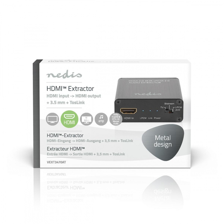 Nedis HDMI™ Extractor | HDMI™ Input | TosLink Female / 1x 3.5 mm / 1x HDMI™ Output | Maximum resolution: 4K@60Hz | 18 Gbps | Metal | Anthracite | Gift Box Nedis HDMI™ Extractor | HDMI™ Input | TosLink Female / 1x 3.5 mm / 1x HDMI™ Output | Maximum resolution: 4K@60Hz | 18 Gbps | Metal | Anthracite | Gift Box