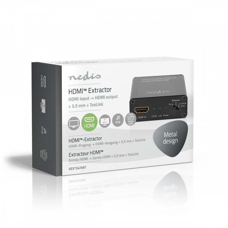 Nedis HDMI™ Extractor | HDMI™ Input | TosLink Female / 1x 3.5 mm / 1x HDMI™ Output | Maximum resolution: 4K@60Hz | 18 Gbps | Metal | Anthracite | Gift Box Nedis HDMI™ Extractor | HDMI™ Input | TosLink Female / 1x 3.5 mm / 1x HDMI™ Output | Maximum resolution: 4K@60Hz | 18 Gbps | Metal | Anthracite | Gift Box