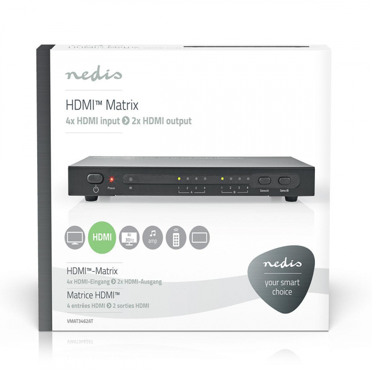 Nedis HDMI™ Matrix Switch | 4 x 2 port(s) | 4x HDMI™ Input | 2x HDMI™ Output | 4K@30Hz | 3.4 Gbps | Remote controlled | Metal | Anthracite
