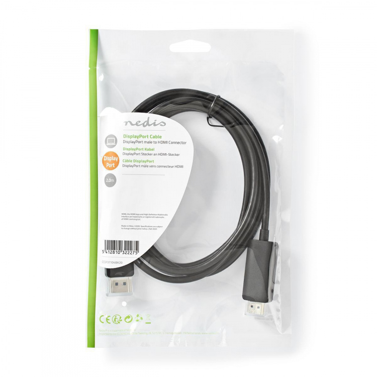 Nedis DisplayPort Cable | DisplayPort Male | HDMI™ Connector | 4K@60Hz | Nickel Plated | 2.00 m | Round | PVC | Black | Polybag Nedis DisplayPort Cable | DisplayPort Male | HDMI™ Connector | 4K@60Hz | Nickel Plated | 2.00 m | Round | PVC | Black | Polybag