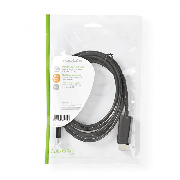 Nedis Mini DisplayPort Cable | DisplayPort 1.4 | Mini DisplayPort Male | HDMI™ Connector | 48 Gbps | Nickel Plated | 2.00 m | Round | PVC | Black | Envelope Nedis Mini DisplayPort Cable | DisplayPort 1.4 | Mini DisplayPort Male | HDMI™ Connector | 48 Gbps | Nickel Plated | 2.00 m | Round | PVC | Black | Envelope