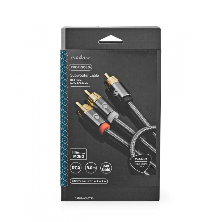 Nedis Subwoofer Cable | RCA Male | 2x RCA Male | Gold Plated | 3.00 m | Round | 4.5 mm | Grey / Gun Metal Grey | Cover Window Box