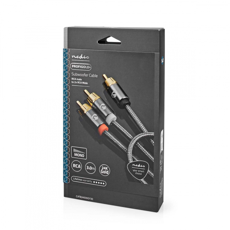 Nedis Subwoofer Cable | RCA Male | 2x RCA Male | Gold Plated | 3.00 m | Round | 4.5 mm | Grey / Gun Metal Grey | Cover Window Box