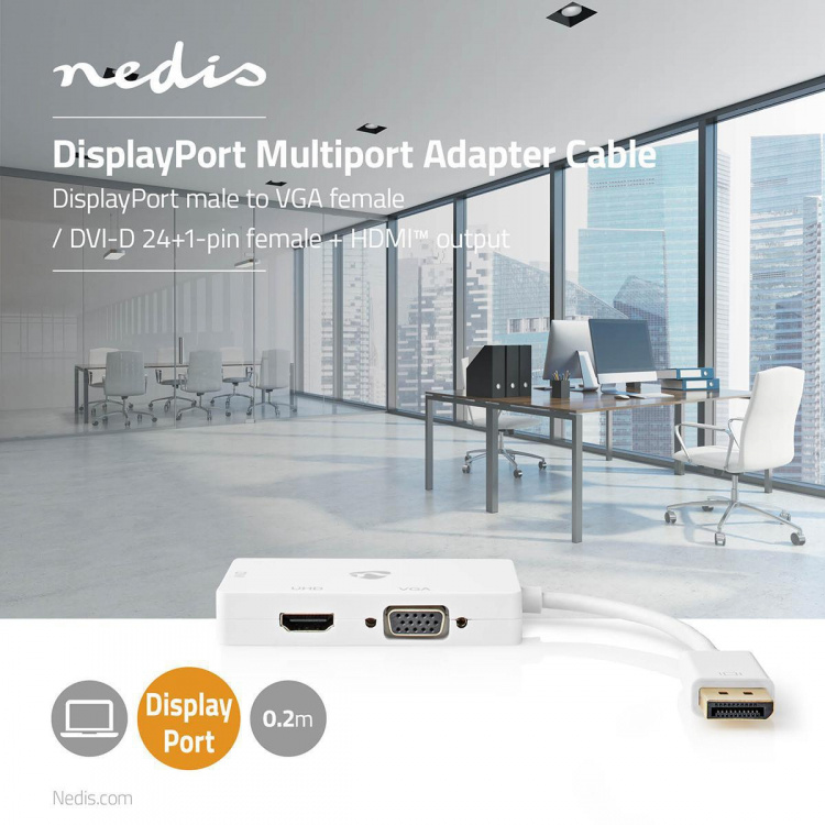 Nedis DisplayPort Adapter | Mini DisplayPort Male | DVI-D 24+1-Pin Female / HDMI™ Output / VGA Female | 4K@60Hz | Gold Plated | Switchable | 0.20 m | Round | ABS | ABS | White | Polybag