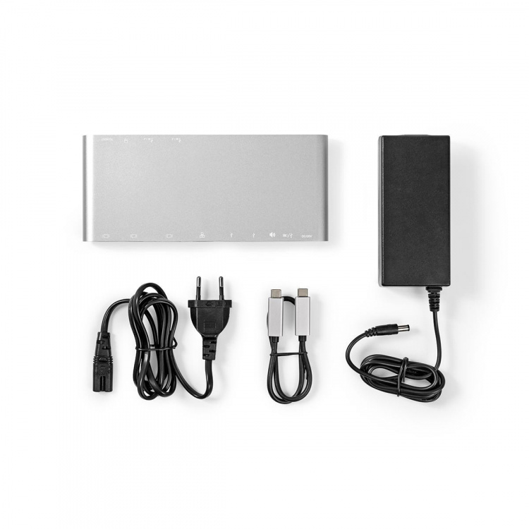 Nedis USB Adapter | USB 3.2 Gen 1 | USB-C™ Male | DisplayPort Female / HDMI™ Female / RJ45 Female / VGA Female / 2x 3.5 mm Female / 2x USB-C™ / 4x USB-A | 0.20 m | Round | Nickel Plated | Braided / Nylon | White | Window Box with Euro Lock