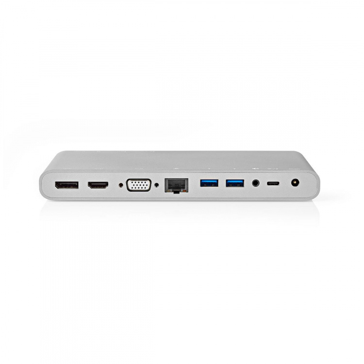 Nedis USB Adapter | USB 3.2 Gen 1 | USB-C™ Male | DisplayPort Female / HDMI™ Female / RJ45 Female / VGA Female / 2x 3.5 mm Female / 2x USB-C™ / 4x USB-A | 0.20 m | Round | Nickel Plated | Braided / Nylon | White | Window Box with Euro Lock