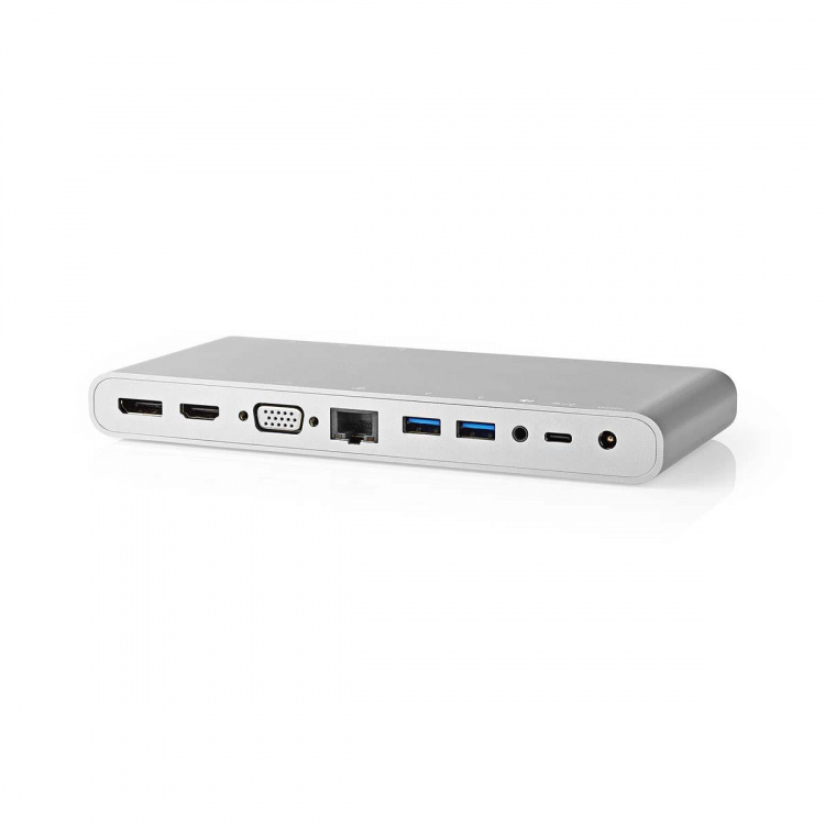 Nedis USB Adapter | USB 3.2 Gen 1 | USB-C™ Male | DisplayPort Female / HDMI™ Female / RJ45 Female / VGA Female / 2x 3.5 mm Female / 2x USB-C™ / 4x USB-A | 0.20 m | Round | Nickel Plated | Braided / Nylon | White | Window Box with Euro Lock