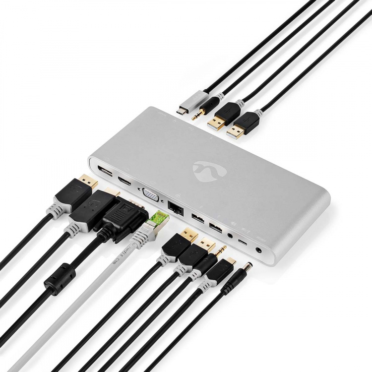 Nedis USB Adapter | USB 3.2 Gen 1 | USB-C™ Male | DisplayPort Female / HDMI™ Female / RJ45 Female / VGA Female / 2x 3.5 mm Female / 2x USB-C™ / 4x USB-A | 0.20 m | Round | Nickel Plated | Braided / Nylon | White | Window Box with Euro Lock