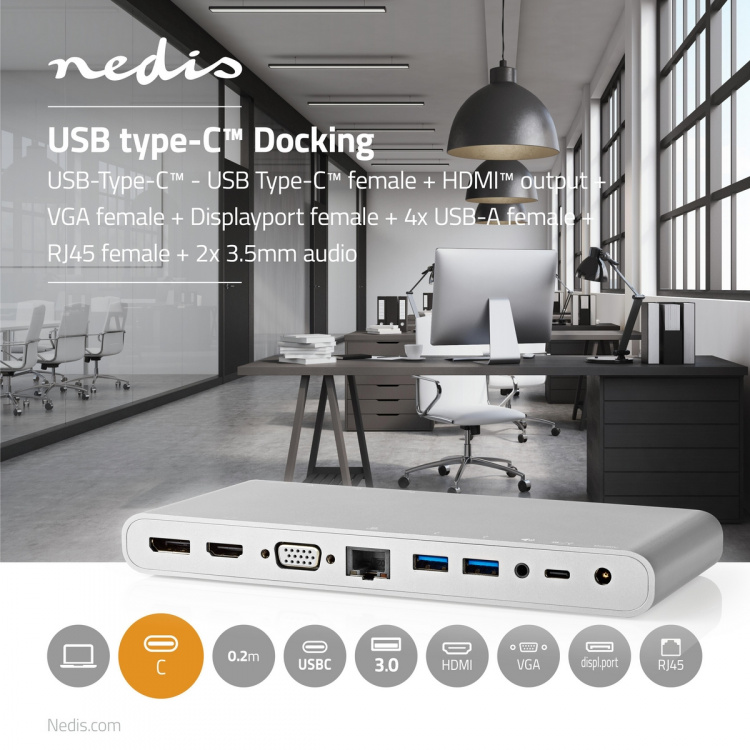 Nedis USB Adapter | USB 3.2 Gen 1 | USB-C™ Male | DisplayPort Female / HDMI™ Female / RJ45 Female / VGA Female / 2x 3.5 mm Female / 2x USB-C™ / 4x USB-A | 0.20 m | Round | Nickel Plated | Braided / Nylon | White | Window Box with Euro Lock