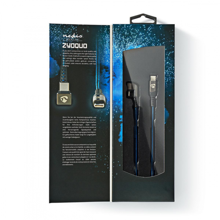 Nedis USB Cable | USB 2.0 | USB-C™ Male | USB-C™ Male | 480 Mbps | Gold Plated | 1.00 m | Round | Braided / Nylon | Black / Blue | Cover Window Box
