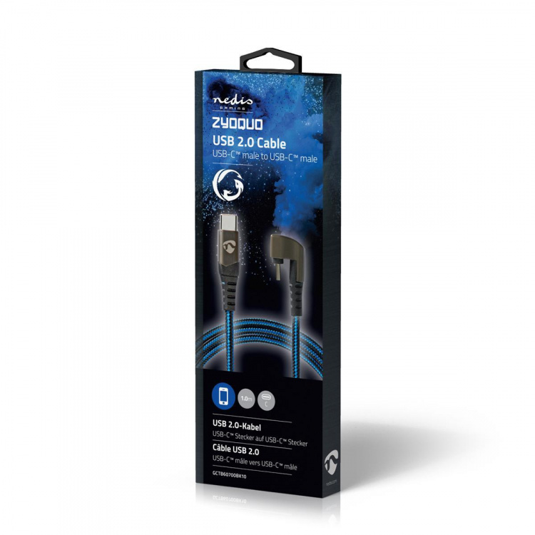 Nedis USB Cable | USB 2.0 | USB-C™ Male | USB-C™ Male | 480 Mbps | Gold Plated | 1.00 m | Round | Braided / Nylon | Black / Blue | Cover Window Box