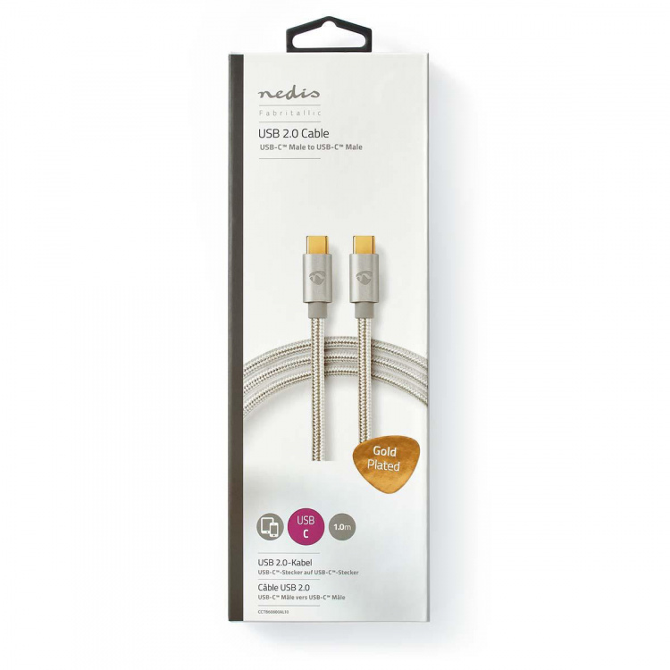 Nedis USB Cable | USB 2.0 | USB-C™ Male | USB-C™ Male | 100 W | 480 Mbps | Gold Plated | 1.00 m | Round | Braided / Nylon | Silver | Cover Window Box Nedis USB Cable | USB 2.0 | USB-C™ Male | USB-C™ Male | 100 W | 480 Mbps | Gold Plated | 1.00 m | Round | Braided / Nylon | Silver | Cover Window Box