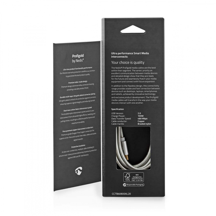 Nedis USB Cable | USB 2.0 | USB-C™ Male | USB-C™ Male | 100 W | 480 Mbps | Gold Plated | 2.00 m | Round | Braided / Nylon | Silver | Cover Window Box Nedis USB Cable | USB 2.0 | USB-C™ Male | USB-C™ Male | 100 W | 480 Mbps | Gold Plated | 2.00 m | Round | Braided / Nylon | Silver | Cover Window Box