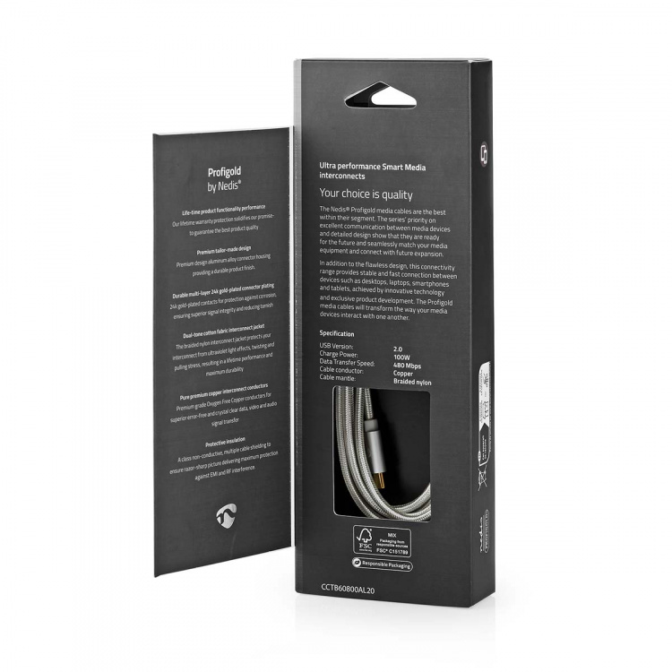 Nedis USB Cable | USB 2.0 | USB-C™ Male | USB-C™ Male | 100 W | 480 Mbps | Gold Plated | 2.00 m | Round | Braided / Nylon | Silver | Cover Window Box Nedis USB Cable | USB 2.0 | USB-C™ Male | USB-C™ Male | 100 W | 480 Mbps | Gold Plated | 2.00 m | Round | Braided / Nylon | Silver | Cover Window Box
