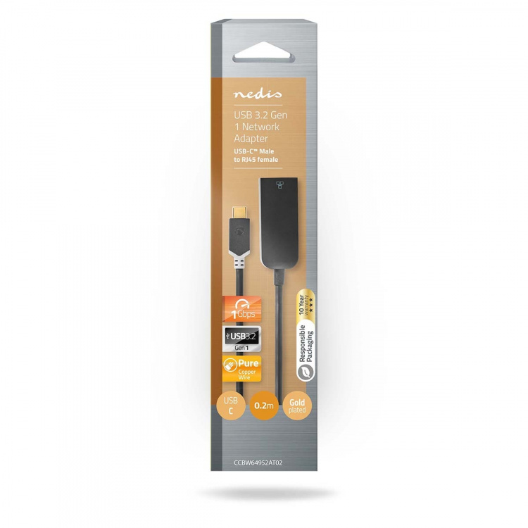 Nedis USB Network Adapter | USB 3.2 Gen 1 | 1000 Mbps | USB-C™ Male | RJ45 Female | 0.20 m | Round | Gold Plated | Tinned Copper | Anthracite | Box