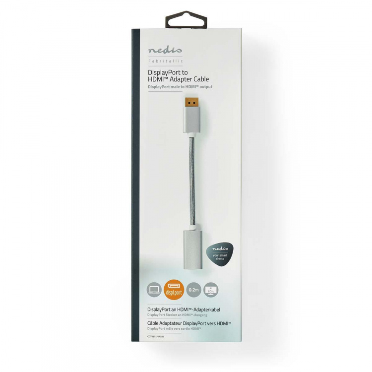 Nedis DisplayPort Cable | DisplayPort Male | HDMI™ Output | 4K@60Hz | Gold Plated | 0.20 m | Round | Braided | Silver | Cover Window Box