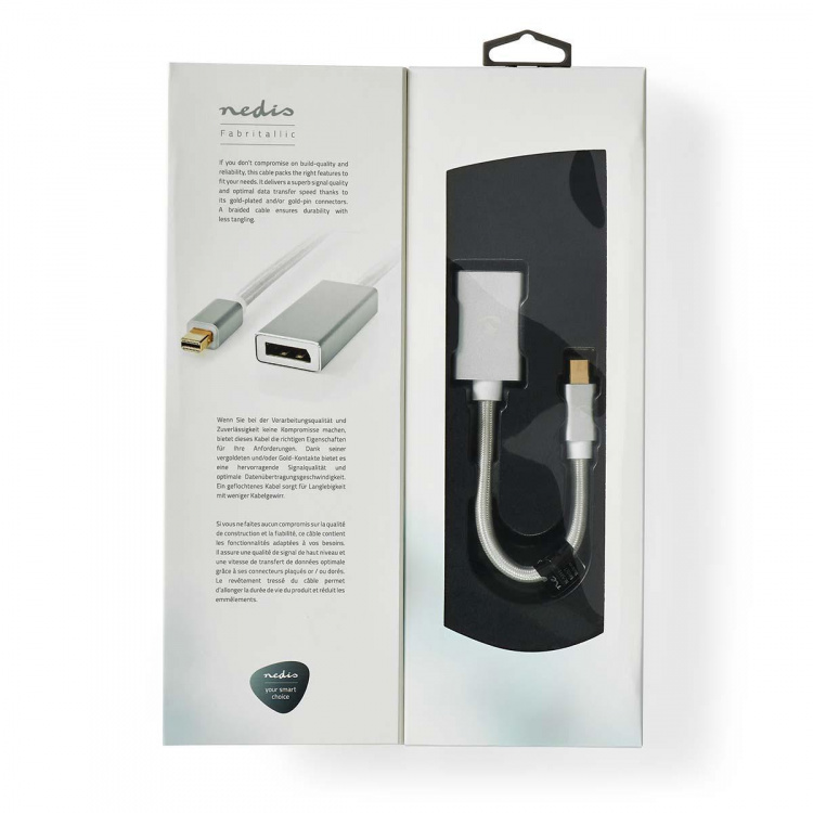 Nedis Mini DisplayPort Cable | DisplayPort 1.2 | Mini DisplayPort Male | DisplayPort Female | 21.6 Gbps | Gold Plated | 0.20 m | Round | Braided | Silver | Cover Window Box