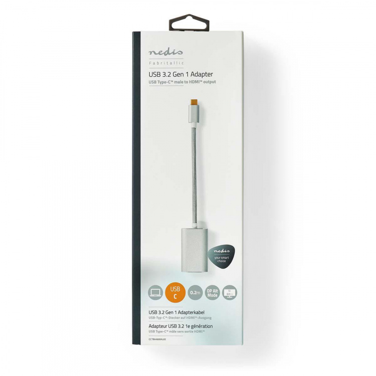 Nedis USB Adapter | USB 3.2 Gen 1 | USB-C™ Male | HDMI™ Female | Power delivery | 0.20 m | Round | Gold Plated | Braided / Nylon | Silver | Cover Window Box