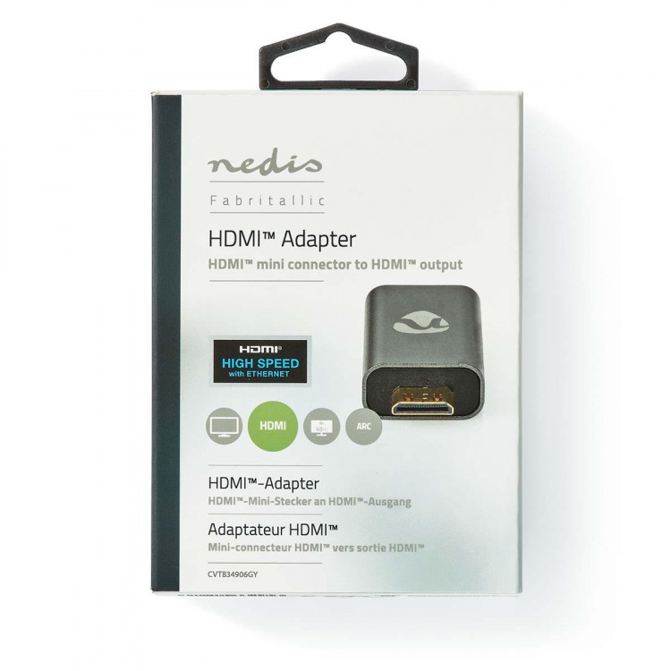 Nedis HDMI™ Adapter | HDMI™ Male / HDMI™ Mini Connector | HDMI™ Output | Gold Plated | Straight | Aluminium | Gun Metal Grey | 1 pcs | Cover Window Box Nedis HDMI™ Adapter | HDMI™ Male / HDMI™ Mini Connector | HDMI™ Output | Gold Plated | Straight | Aluminium | Gun Metal Grey | 1 pcs | Cover Window Box