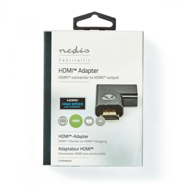 Nedis HDMI™ Adapter | HDMI™ Connector / HDMI™ Male | HDMI™ Output | Gold Plated | Angled Right | Aluminium | Gun Metal Grey | 1 pcs | Cover Window Box Nedis HDMI™ Adapter | HDMI™ Connector / HDMI™ Male | HDMI™ Output | Gold Plated | Angled Right | Aluminium | Gun Metal Grey | 1 pcs | Cover Window Box