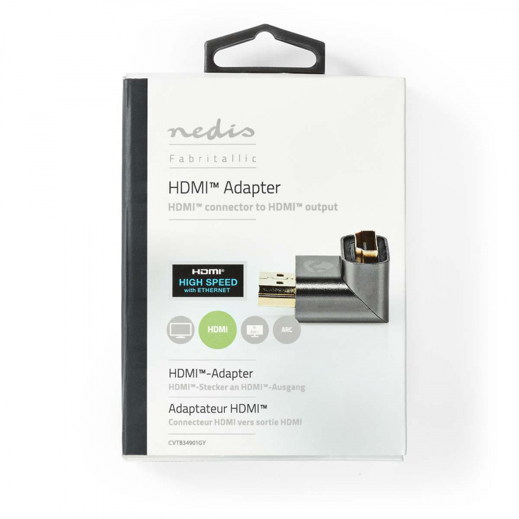 Nedis HDMI™ Adapter | HDMI™ Connector / HDMI™ Male | HDMI™ Output | Gold Plated | Angled 90° | Aluminium | Gun Metal Grey | 1 pcs | Cover Window Box