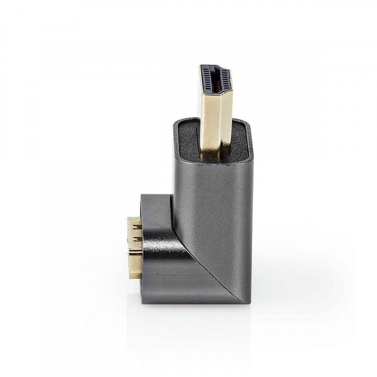Nedis HDMI™ Adapter | HDMI™ Connector / HDMI™ Male | HDMI™ Output | Gold Plated | Angled 270° | Aluminium | Gun Metal Grey | 1 pcs | Cover Window Box Nedis HDMI™ Adapter | HDMI™ Connector / HDMI™ Male | HDMI™ Output | Gold Plated | Angled 270° | Aluminium | Gun Metal Grey | 1 pcs | Cover Window Box