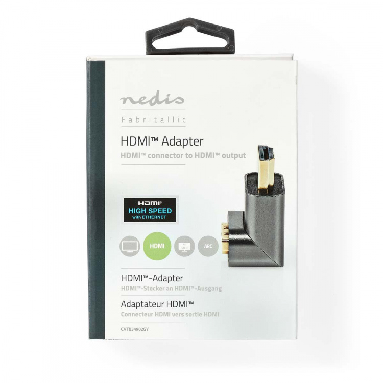 Nedis HDMI™ Adapter | HDMI™ Connector / HDMI™ Male | HDMI™ Output | Gold Plated | Angled 270° | Aluminium | Gun Metal Grey | 1 pcs | Cover Window Box Nedis HDMI™ Adapter | HDMI™ Connector / HDMI™ Male | HDMI™ Output | Gold Plated | Angled 270° | Aluminium | Gun Metal Grey | 1 pcs | Cover Window Box