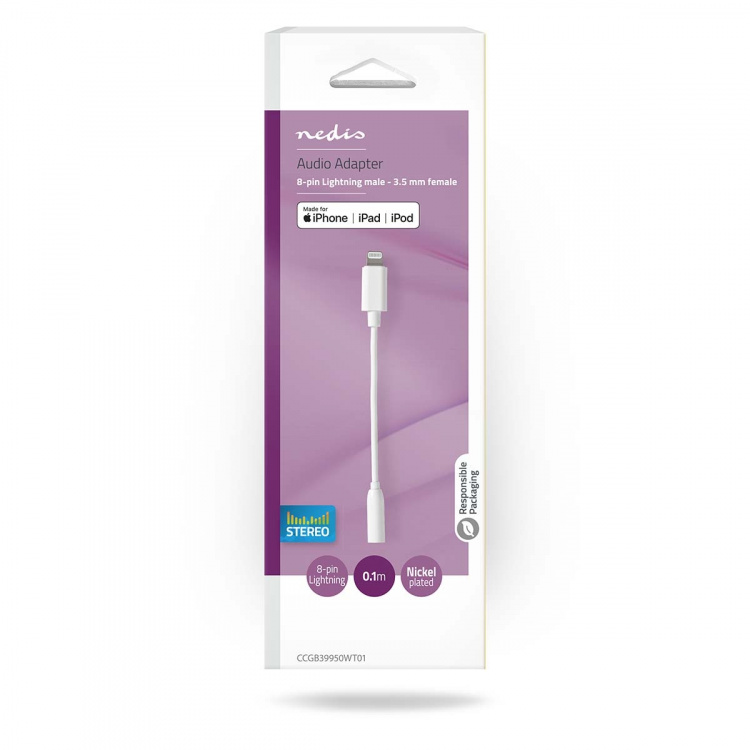 Nedis Lightning Adapter | Apple Lightning 8-Pin | 3.5 mm Female | Nickel Plated | 0.10 m | Round | PVC | Box Nedis Lightning Adapter | Apple Lightning 8-Pin | 3.5 mm Female | Nickel Plated | 0.10 m | Round | PVC | Box